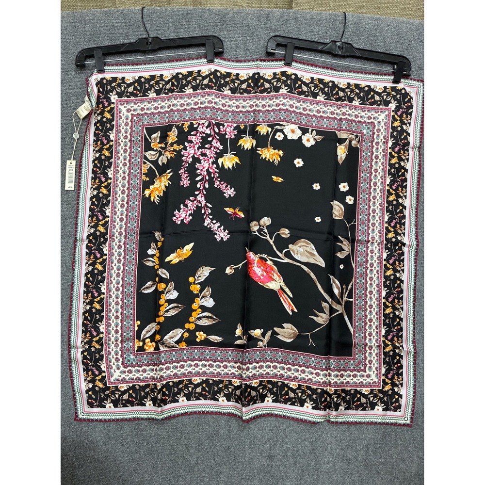 100% Silk Square Scarf Black Floral Bird Nature 34x34 Max Studio